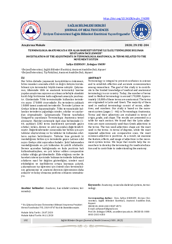 (PDF) Terminologia Anatomica’Da Yer Alan Hareket Si̇stemi̇ İle İlgi̇li̇ ...