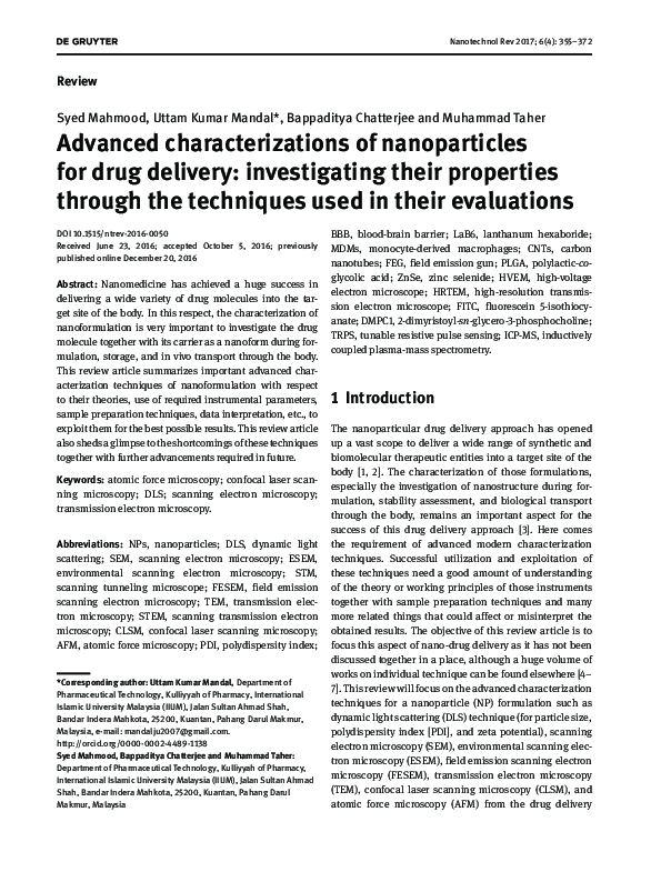 (PDF) Advanced characterizations of nanoparticles for drug delivery ...
