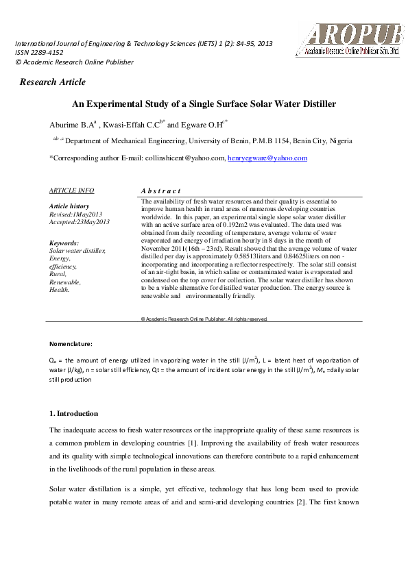 (PDF) An Experimental Study of a Single Surface Solar Water Distiller