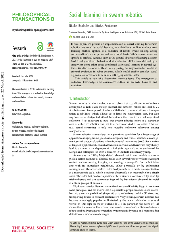 (PDF) Social learning in swarm robotics