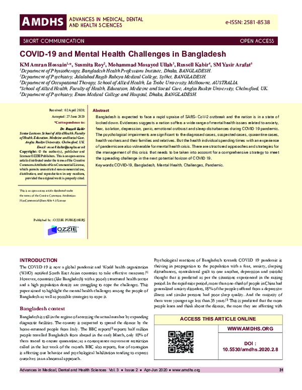 (PDF) COVID-19 and Mental Health Challenges in Bangladesh