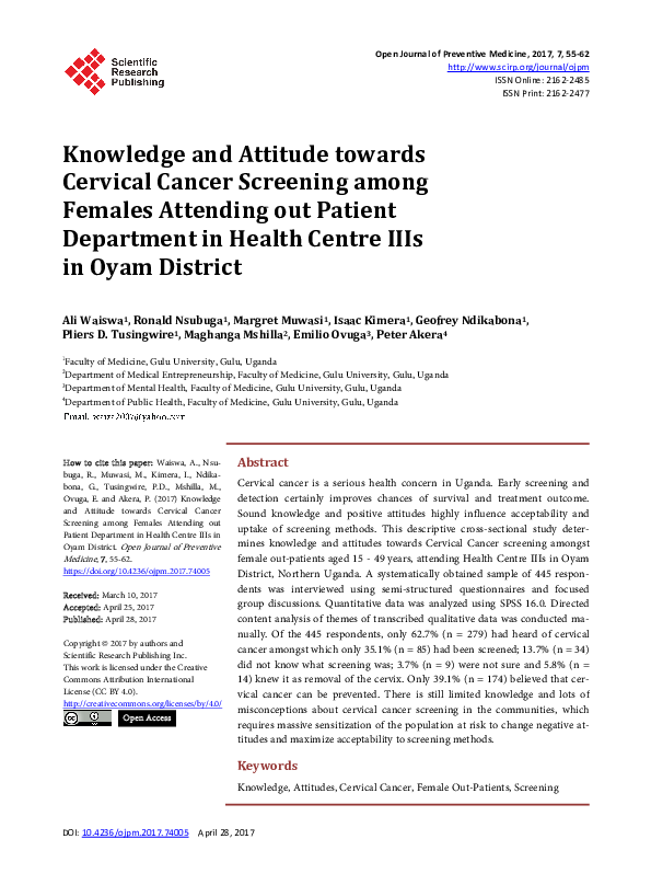 (PDF) Knowledge and Attitude towards Cervical Cancer Screening among ...