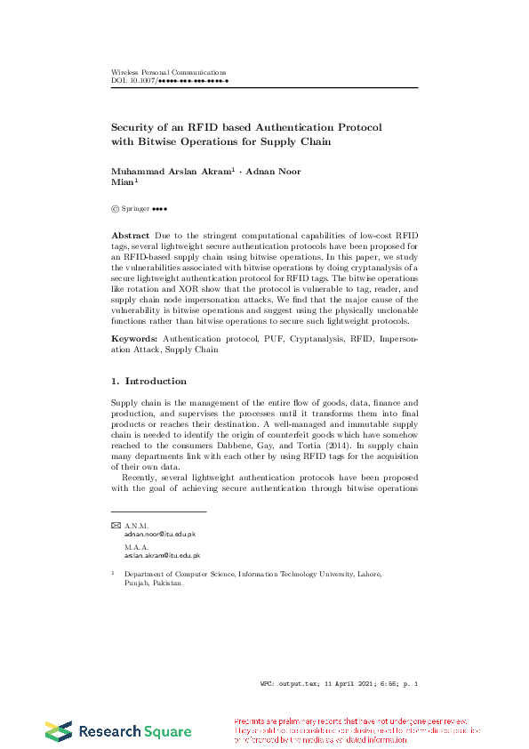 (PDF) Security of an RFID Based Authentication Protocol with Bitwise ...