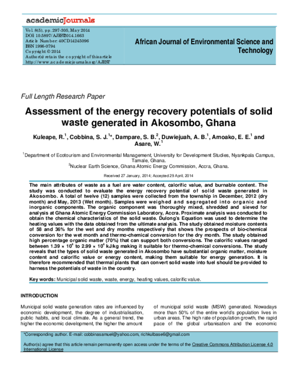 (PDF) Assessment of the energy recovery potentials of solid waste ...