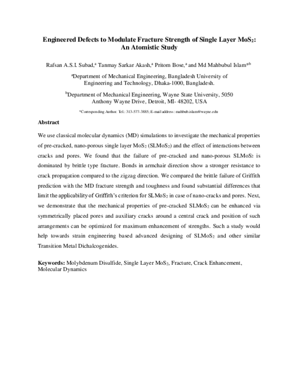 (PDF) Engineered defects to modulate fracture strength of single layer ...