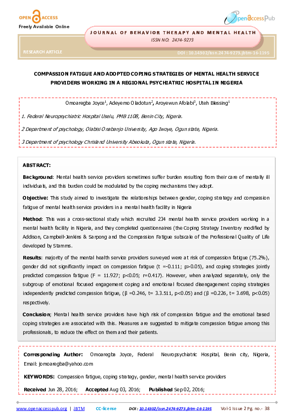 (PDF) Compassion Fatigue and Adopted Coping Strategies of Mental Health ...