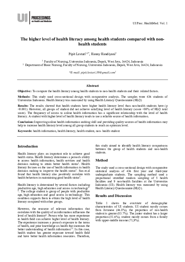 (PDF) The higher level of health literacy among health students ...