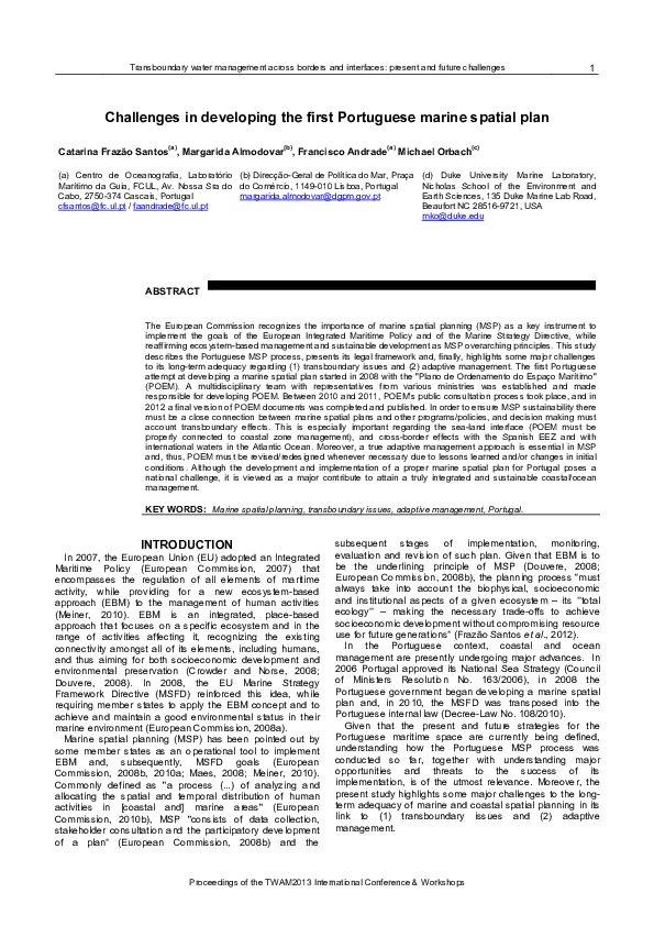 (PDF) Challenges in developing the first Portuguese marine spatial plan