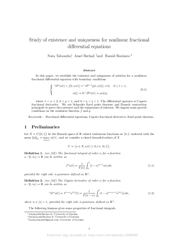 (PDF) Study of Existence and Uniqueness for Nonlinear Fractional ...