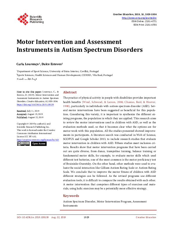 (PDF) Motor Intervention and Assessment Instruments in Autism Spectrum ...