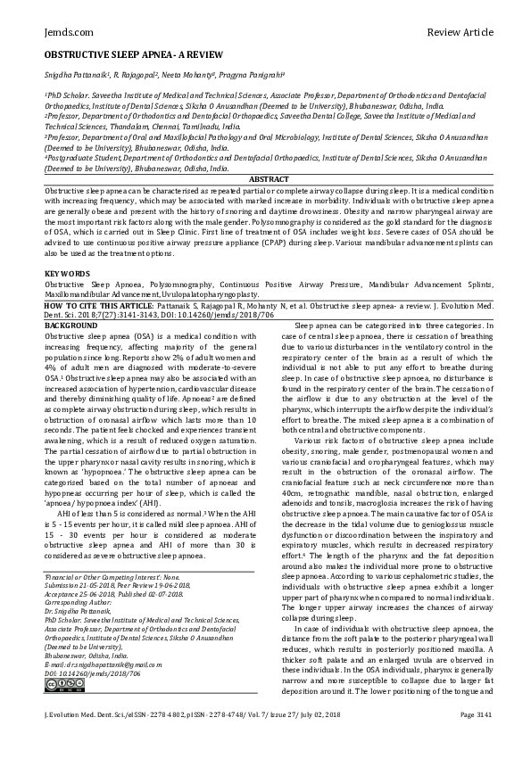 Pdf Obstructive Sleep Apnea A Review Prof Dr Neeta Mohanty