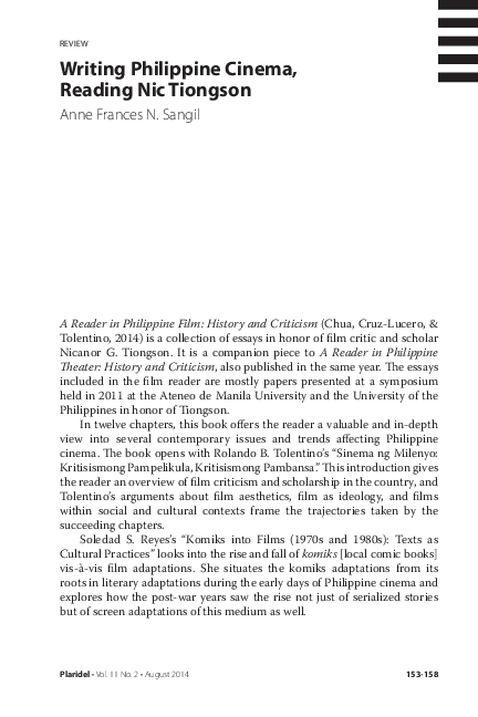 (PDF) Writing Philippine Cinema, Reading Nic Tiongson