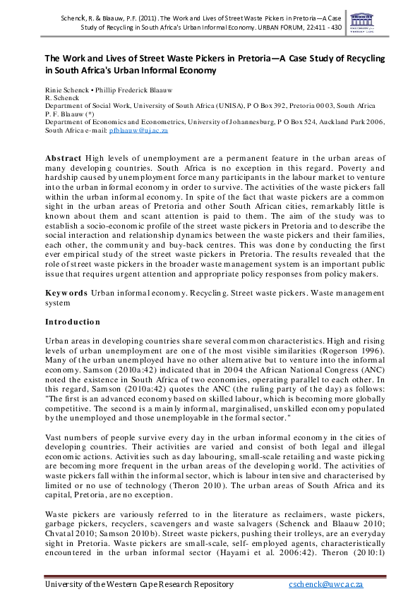 (PDF) The Work and Lives of Street Waste Pickers in Pretoria—A Case