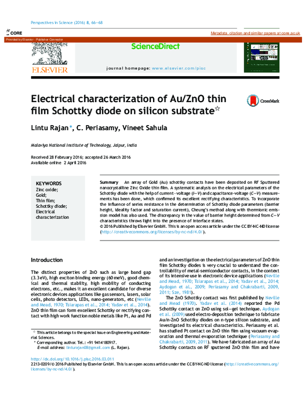 (PDF) Electrical characterization of Au/ZnO thin film Schottky diode on ...