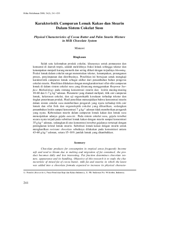 (PDF) Physical Characteristics of Cocoa Butter and Palm Stearin Mixture in Milk Chocolate System