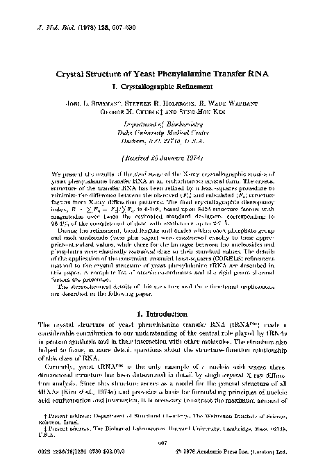 PDF) Crystal structure of yeast phenylalanine transfer RNA | Joel Sussman -  Academia.edu