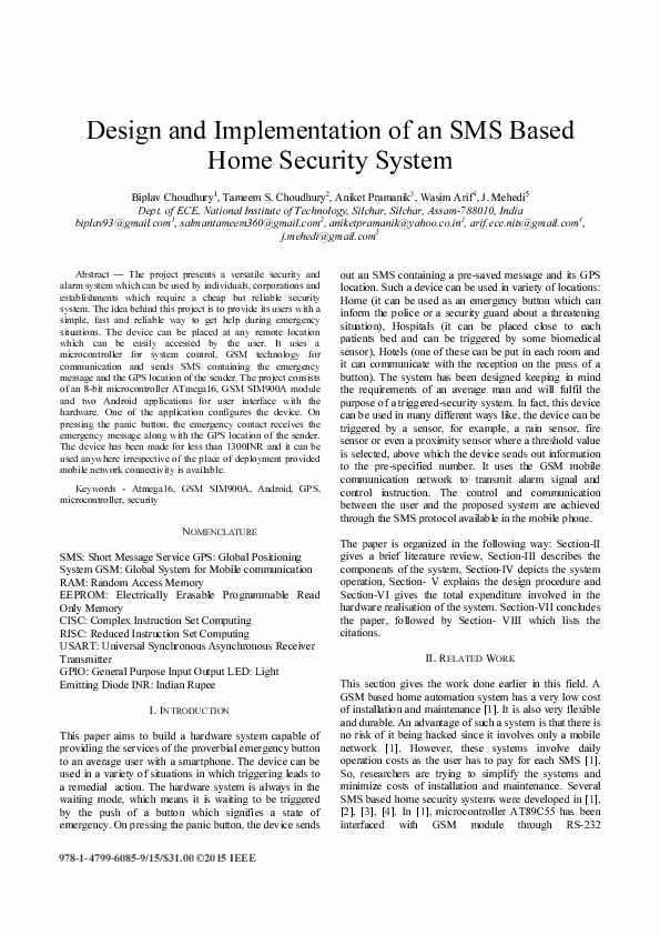 (PDF) Design and implementation of an SMS based home security system