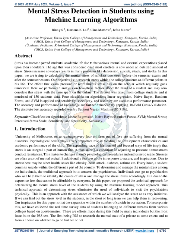 (PDF) Mental Stress Detection in Students using Machine Learning Algorithms
