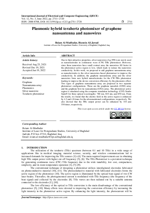(PDF) Plasmonic hybrid terahertz photomixer of graphene nanoantenna and ...