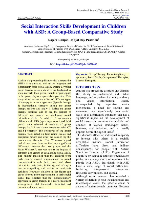 (PDF) Social Interaction Skills Development in Children with ASD: A ...