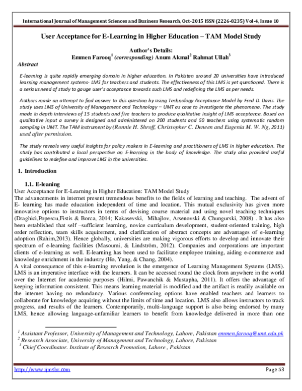 (PDF) User Acceptance for E-Learning in Higher Education – TAM Model Study