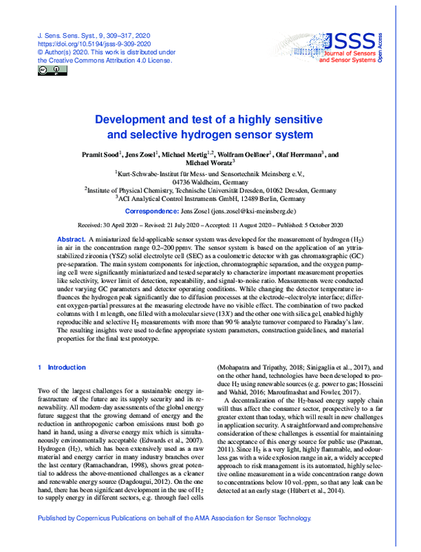 (PDF) Development and test of a highly sensitive and selective hydrogen ...