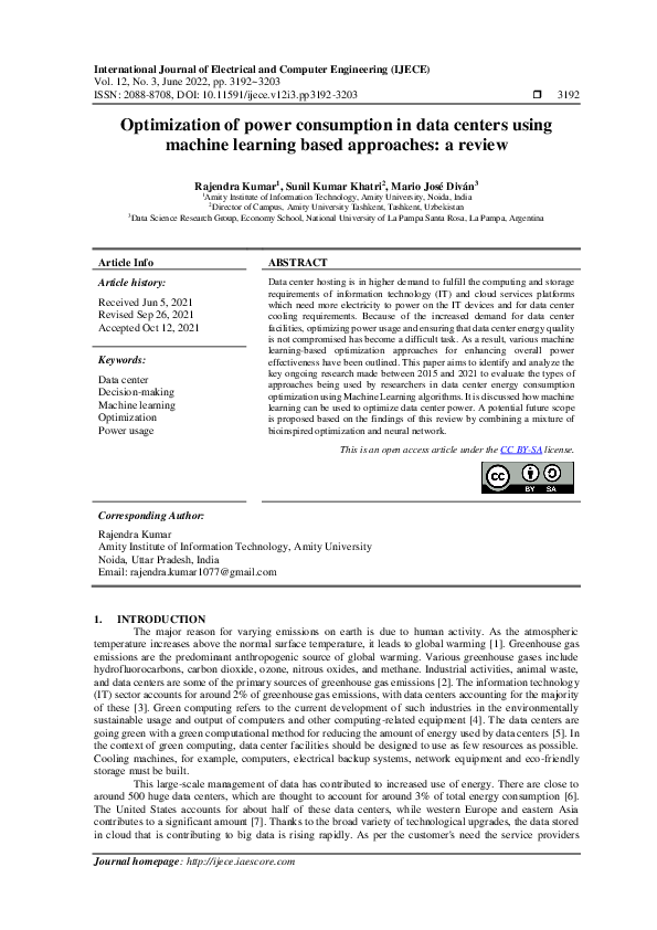 (PDF) Optimization of power consumption in data centers using machine ...