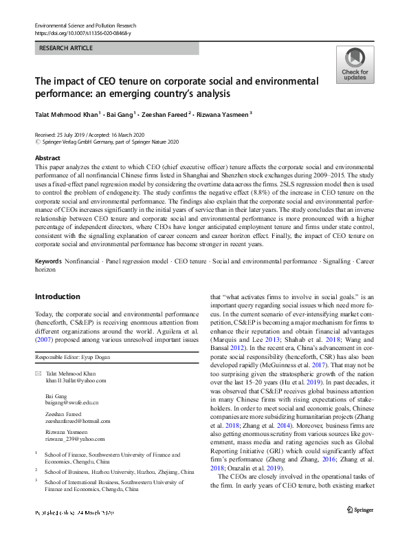 (PDF) The impact of CEO tenure on corporate social and environmental ...