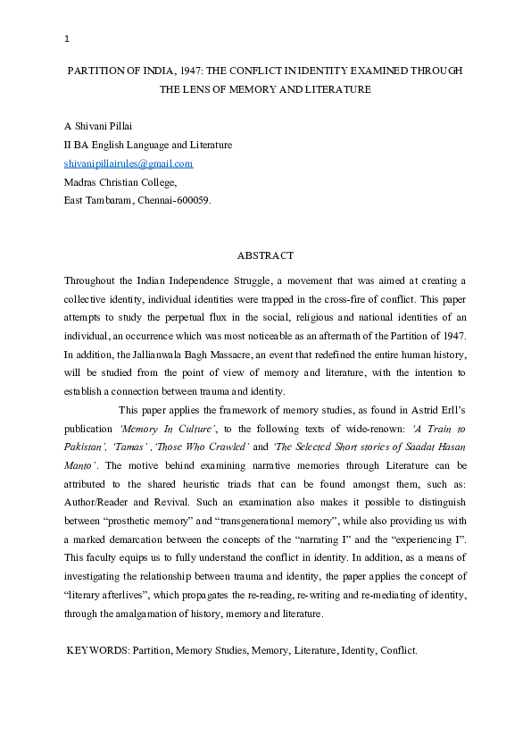 (DOC) PARTITION OF INDIA, 1947: THE CONFLICT IN IDENTITY EXAMINED ...