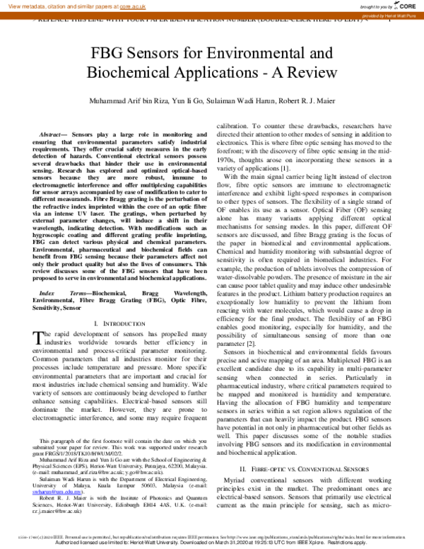 (PDF) FBG Sensors for Environmental and Biochemical Applications—A Review