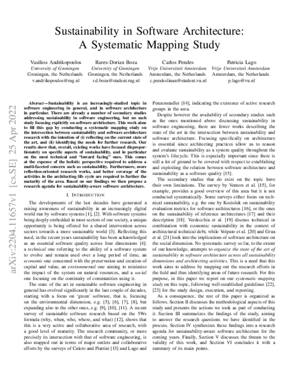 (PDF) Sustainability in Software Architecture: A Systematic Mapping Study
