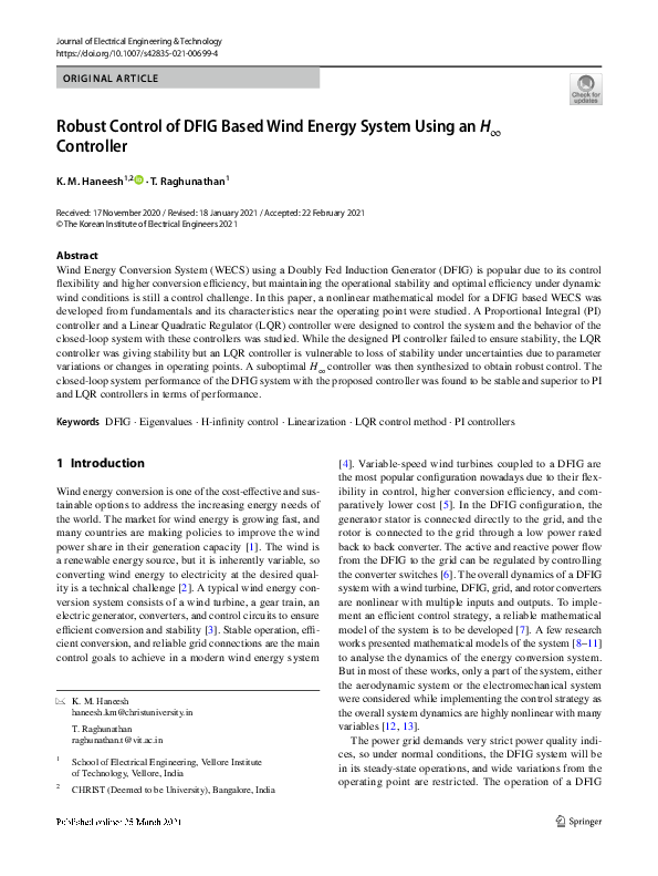 (PDF) Robust Control of DFIG Based Wind Energy System Using an H ∞ ...