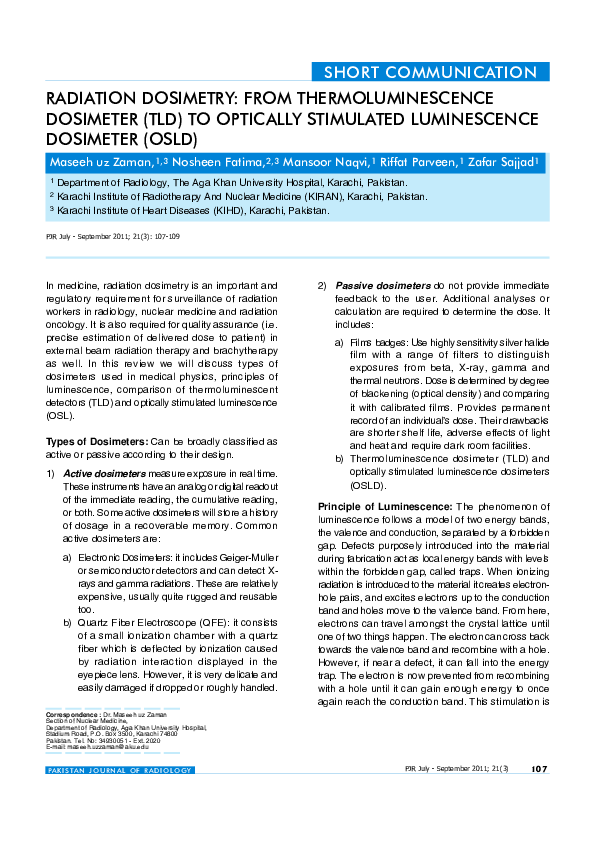 (PDF) Radiation Dosimetry From Thermoluminescence Dosimeter (TLD) to