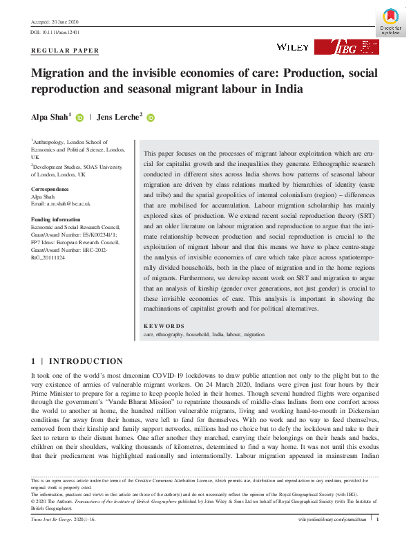 (PDF) Migration and the invisible economies of care: Production, social ...