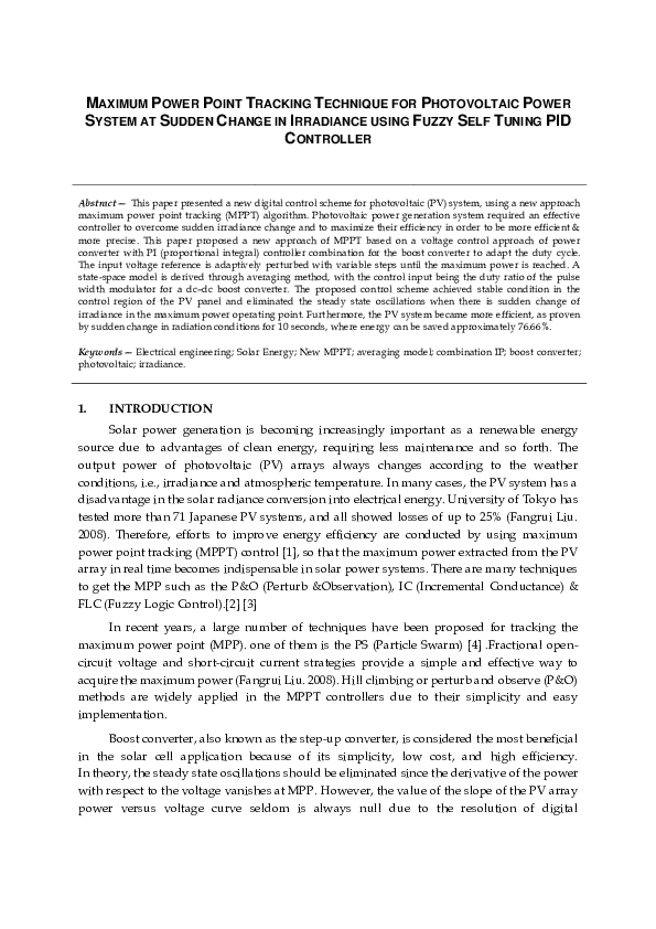 (PDF) Maximum Power Point Tracking Technique for Photovoltaic Power ...