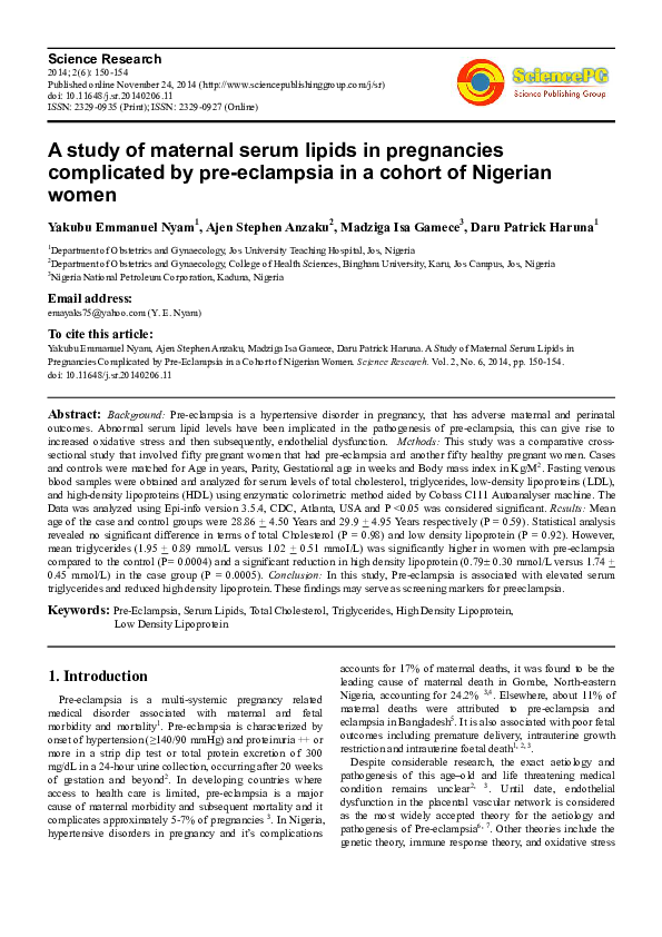 (PDF) A Study of Maternal Serum Lipids in Pregnancies Complicated by ...