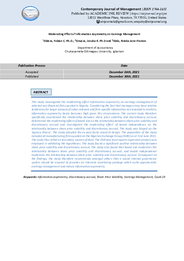 (PDF) Moderating Effect of Information Asymmetry on Earnings Management 1
