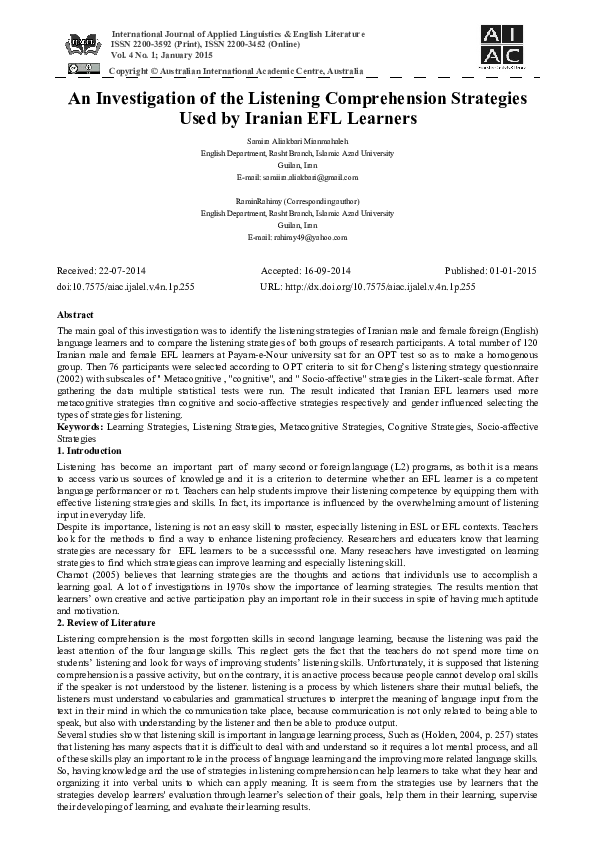 (PDF) An Investigation of the Listening Comprehension Strategies Used ...