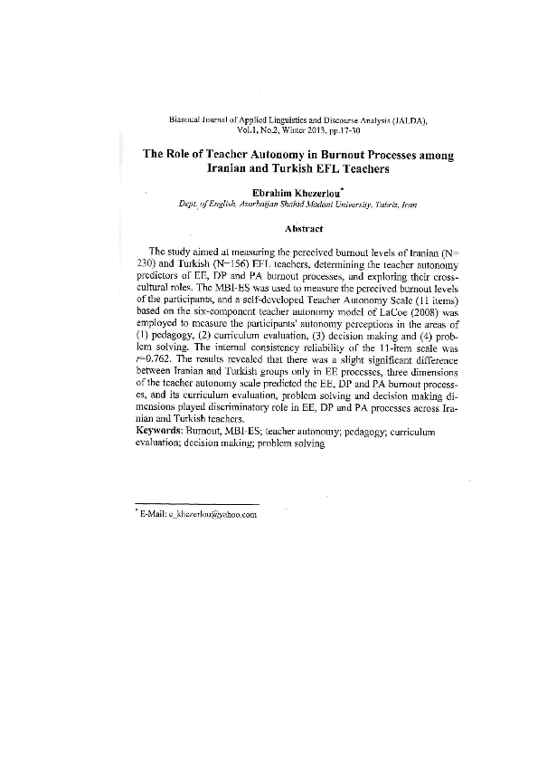 (PDF) The Role of Teacher Autonomy in Burnout Processes among Iranian ...