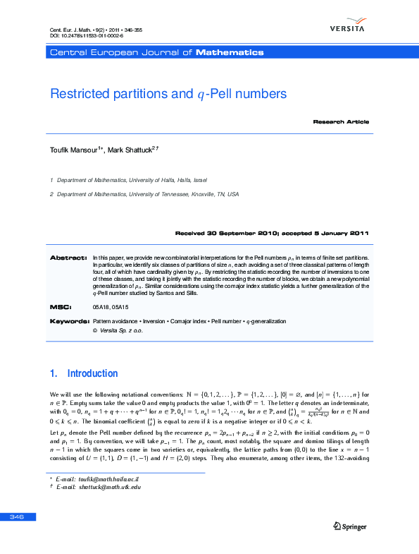 (PDF) Restricted partitions and q-Pell numbers