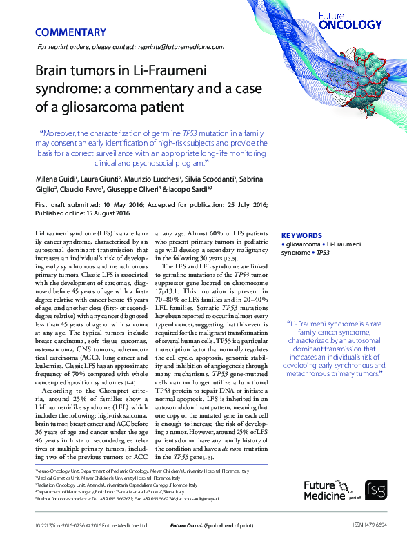 (PDF) Brain tumors in Li-Fraumeni syndrome: a commentary and a case of ...