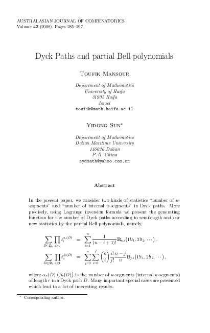 (PDF) Dyck paths and partial Bell polynomials