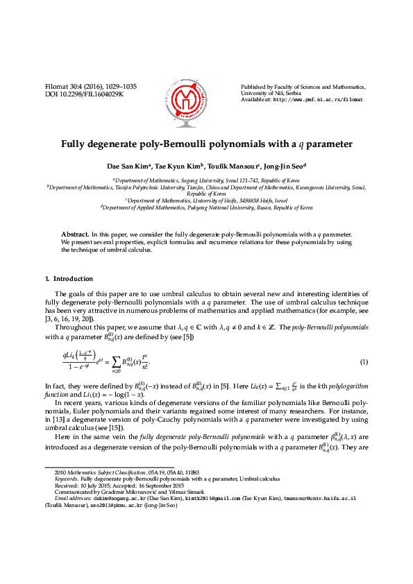 (PDF) Fully degenerate poly-Bernoulli polynomials with a q parameter