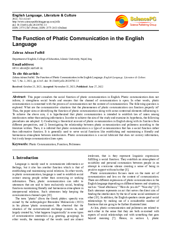 (PDF) The Function of Phatic Communication in the English Language ...