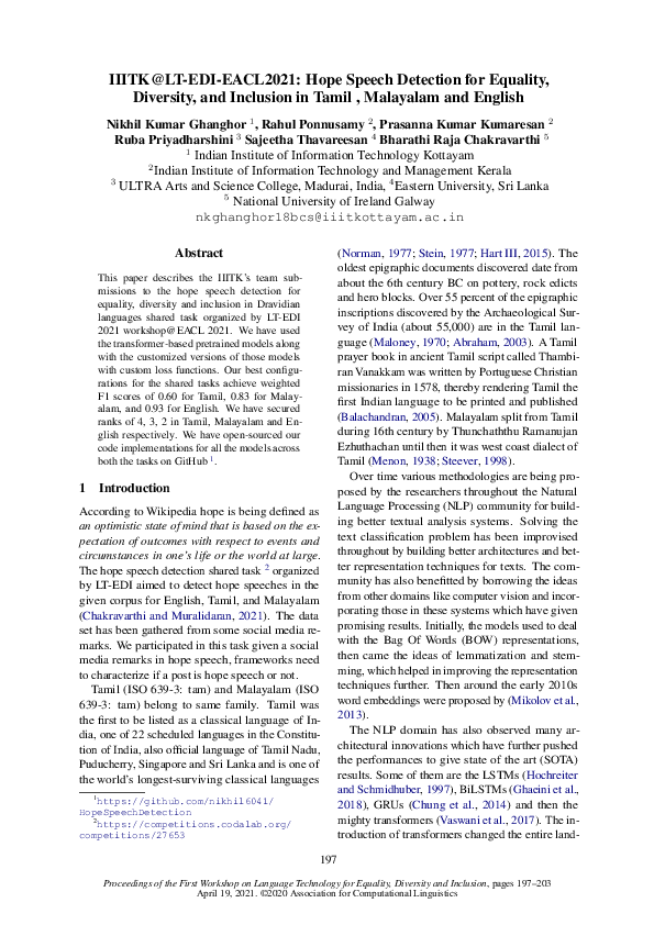 (PDF) IIITK@LT-EDI-EACL2021: Hope Speech Detection for Equality ...