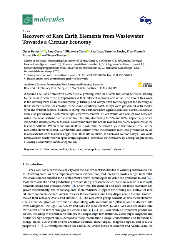 (PDF) Recovery of Rare Earth Elements from Wastewater Towards a ...