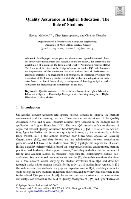 (PDF) Quality Assurance in Higher Education: The Role of Students