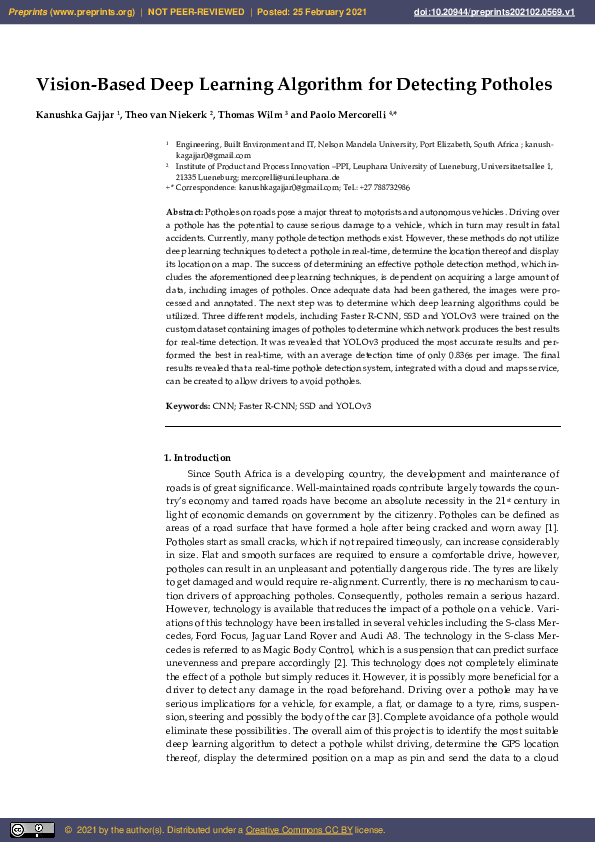 (PDF) Vision-Based Deep Learning Algorithm for Detecting Potholes