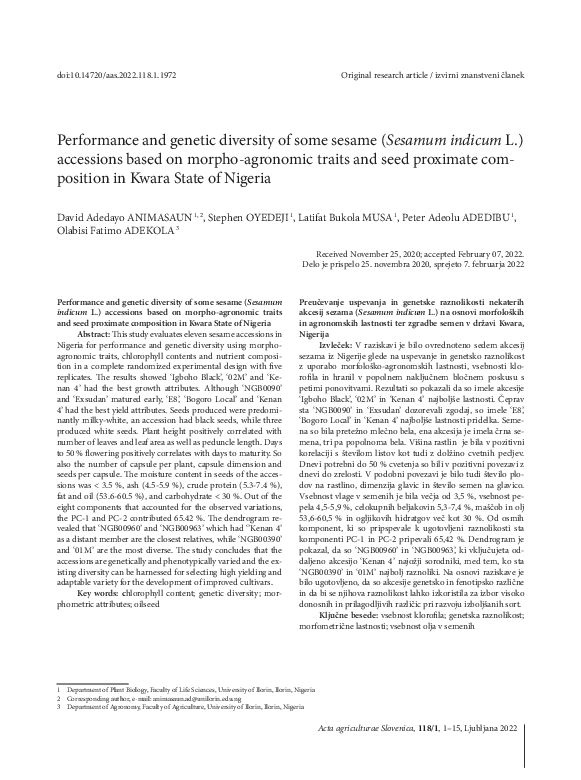 (PDF) Performance and genetic diversity of some sesame (Sesamum indicum ...