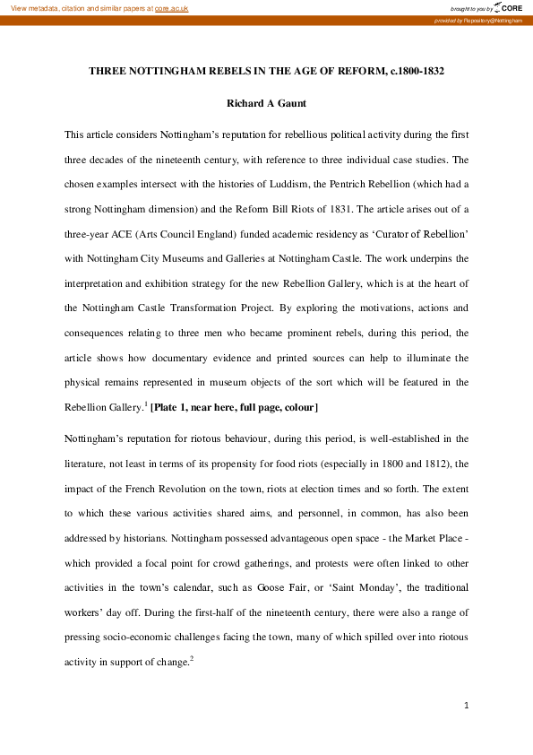 (PDF) Three Nottingham rebels in the age of reform, c.1800-1832